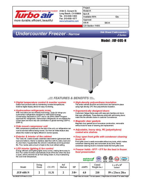 Turbo Air JUF-60S-N J Series 60" Narrow Depth Undercounter Freezer w/ 2 Sections, Solid Doors & Side Mounted Compressor - Donut-Equipment.com