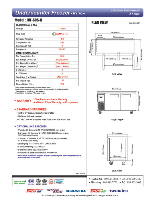 Turbo Air JUF-60S-N J Series 60" Narrow Depth Undercounter Freezer w/ 2 Sections, Solid Doors & Side Mounted Compressor - Donut-Equipment.com