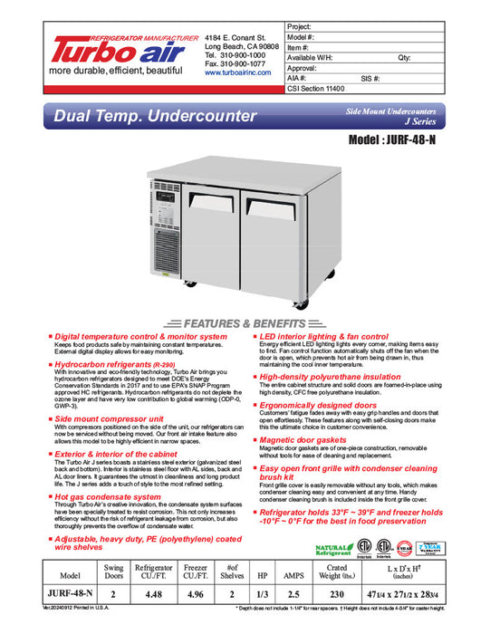 Turbo Air JURF-48-N J Series 47 1/4" Dual Temperature Undercounter Refrigerator/Freezer w/ 2 Sections & Solid Doors - Donut-Equipment.com