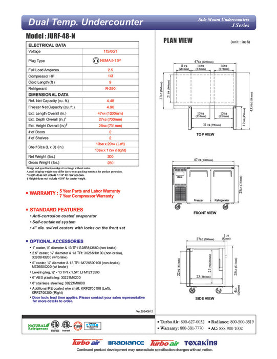 Turbo Air JURF-48-N J Series 47 1/4" Dual Temperature Undercounter Refrigerator/Freezer w/ 2 Sections & Solid Doors - Donut-Equipment.com