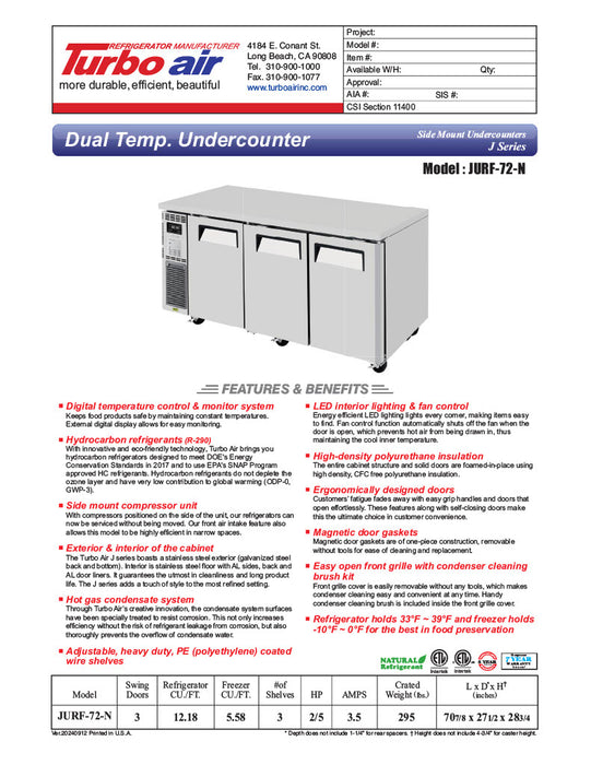 Turbo Air JURF-72-N J Series 70 7/8" Dual Temperature Undercounter Refrigerator/Freezer w/ 3 Sections & Solid Doors - Donut-Equipment.com