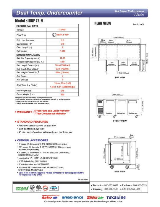 Turbo Air JURF-72-N J Series 70 7/8" Dual Temperature Undercounter Refrigerator/Freezer w/ 3 Sections & Solid Doors - Donut-Equipment.com