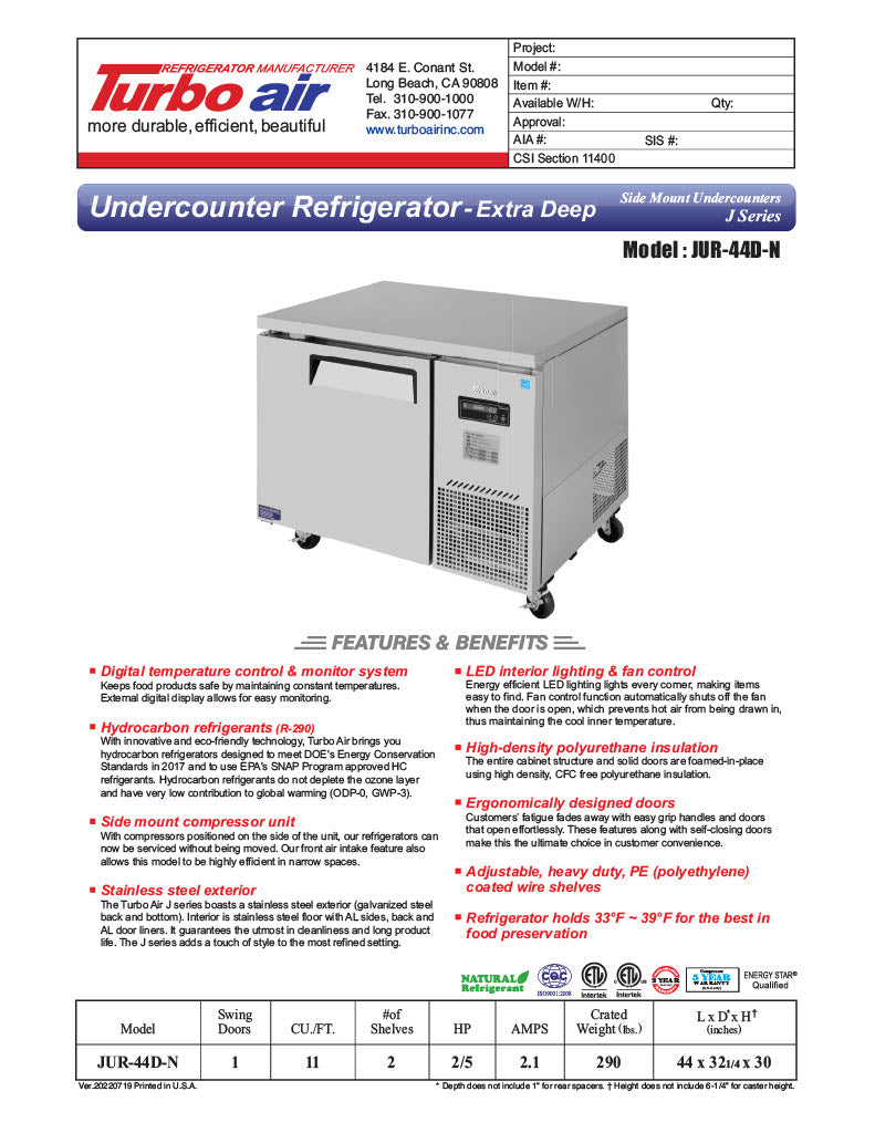 Turbo Air JUR-44D-N J Series 44" Extra Deep Undercounter Refrigerator w/ 2 Drawers & Side Mounted Compressor - Donut-Equipment.com