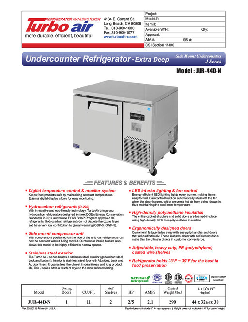 Turbo Air JUR-44D-N J Series 44" Extra Deep Undercounter Refrigerator w/ 2 Drawers & Side Mounted Compressor - Donut-Equipment.com
