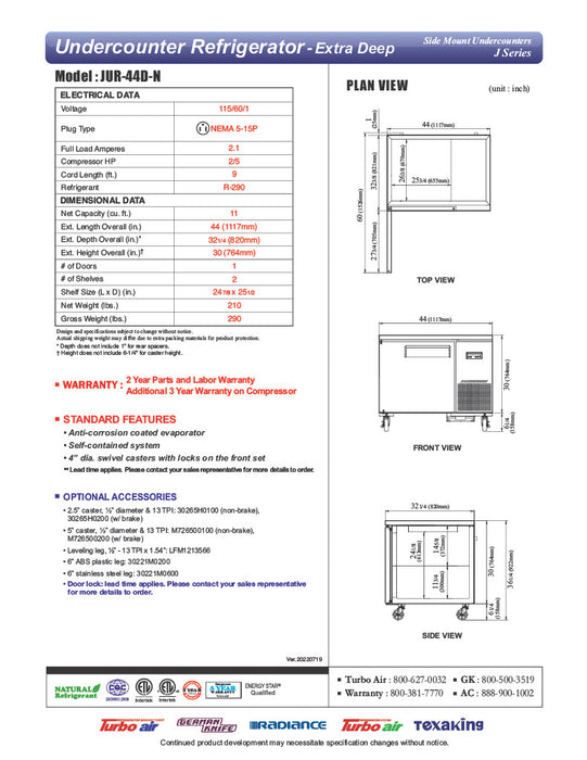 Turbo Air JUR-44D-N J Series 44" Extra Deep Undercounter Refrigerator w/ 2 Drawers & Side Mounted Compressor - Donut-Equipment.com