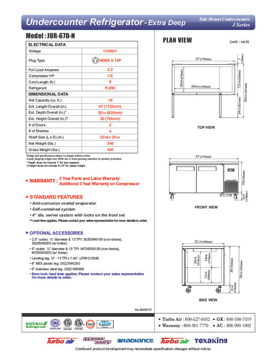 Turbo Air JUR-67D-N J Series 67" Extra Deep Undercounter Refrigerator w/ 2 Drawers & Side Mounted Compressor - Donut-Equipment.com