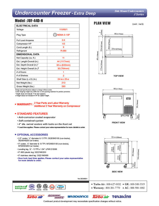 Turbo Air JUF-44D-N J Series 44" Extra Deep Undercounter Freezer w/ 2 Drawers & Side Mounted Compressor - Donut-Equipment.com