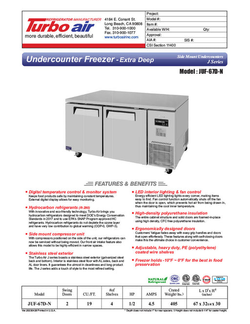 Turbo Air JUF-67D-N J Series 67" Extra Deep Undercounter Freezer w/ 2 Drawers & Side Mounted Compressor - Donut-Equipment.com
