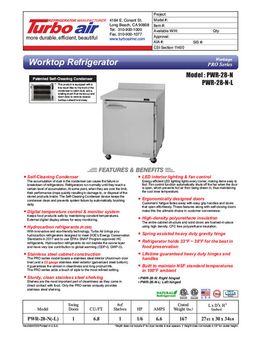 Turbo Air PWR-28-N 27 1/2" Worktop Refrigerator w/ 1 Section - Donut-Equipment.com