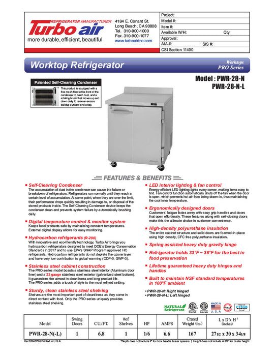 Turbo Air PWR-28-N 27 1/2" Worktop Refrigerator w/ 1 Section - Donut-Equipment.com