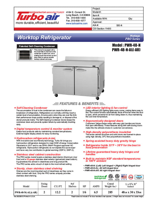 Turbo Air PWR-48-N 48 1/4" Worktop Refrigerator w/ (2) Sections, 2 Solid Doors - Donut-Equipment.com