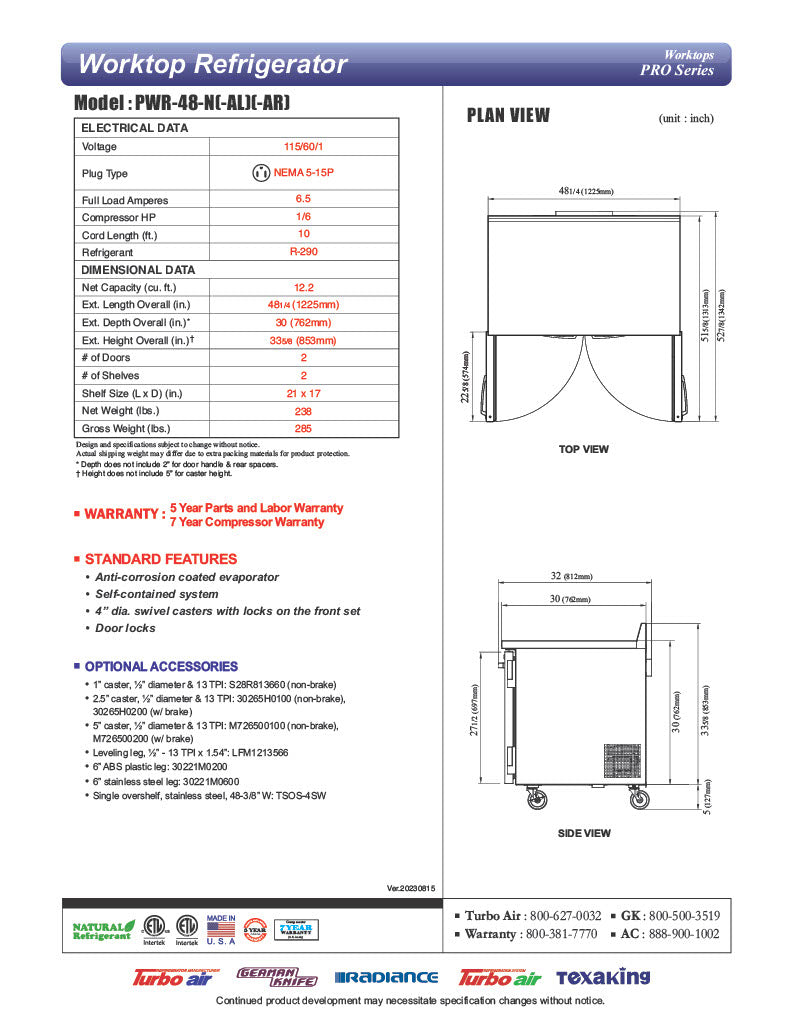 Turbo Air PWR-48-N 48 1/4" Worktop Refrigerator w/ (2) Sections, 2 Solid Doors - Donut-Equipment.com