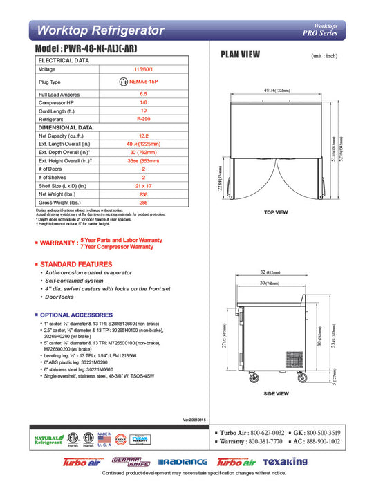 Turbo Air PWR-48-N 48 1/4" Worktop Refrigerator w/ (2) Sections, 2 Solid Doors - Donut-Equipment.com
