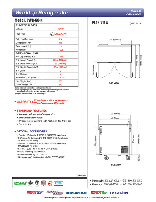 Turbo Air PWR-60-N 60 1/4" Worktop Refrigerator w/ 2 Sections, 2 Solid Doors - Donut-Equipment.com