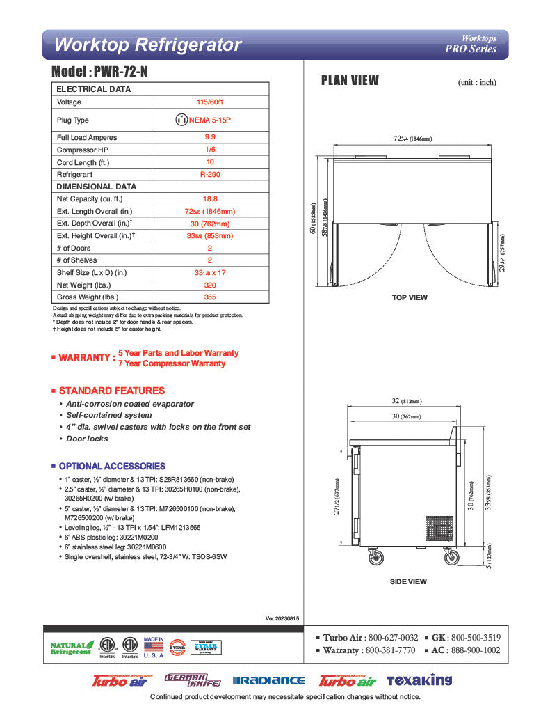 Turbo Air PWR-72-N 72 1/4" Worktop Refrigerator w/ 2 Sections, 2 Solid Doors - Donut-Equipment.com