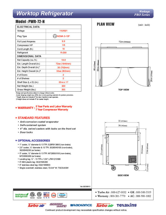 Turbo Air PWR-72-N 72 1/4" Worktop Refrigerator w/ 2 Sections, 2 Solid Doors - Donut-Equipment.com
