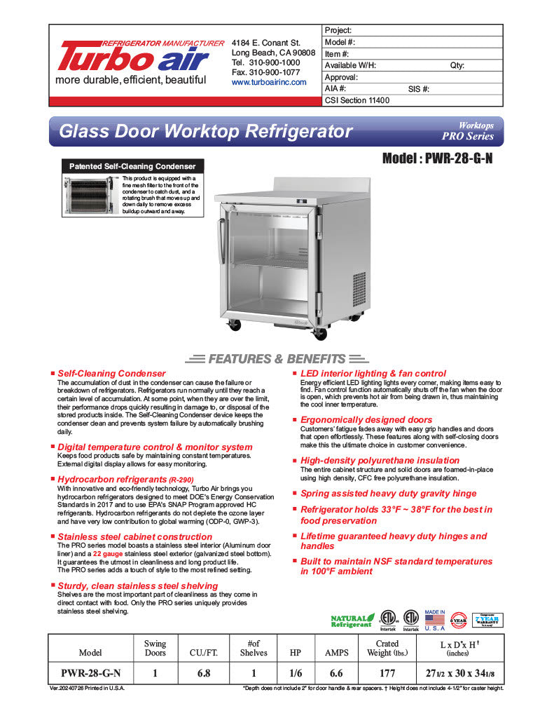 Turbo Air PWR-28-G-N 27 1/2" Worktop Refrigerator w/ (1) Section, 1 Glass Door - Donut-Equipment.com