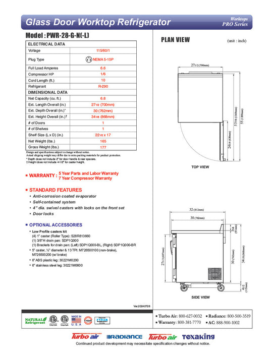 Turbo Air PWR-28-G-N 27 1/2" Worktop Refrigerator w/ (1) Section, 1 Glass Door - Donut-Equipment.com