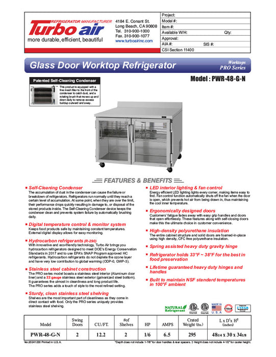 Turbo Air PWR-48-G-N 48 1/4" Worktop Refrigerator w/ 2 Sections, 2 Glass Doors - Donut-Equipment.com