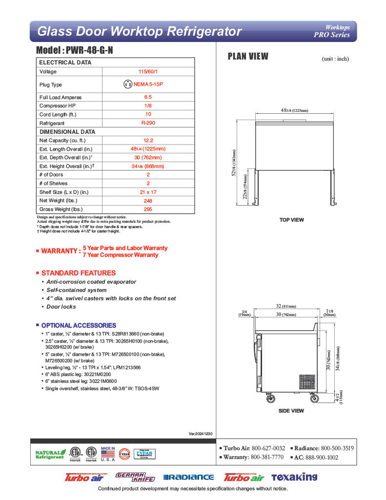 Turbo Air PWR-48-G-N 48 1/4" Worktop Refrigerator w/ 2 Sections, 2 Glass Doors - Donut-Equipment.com