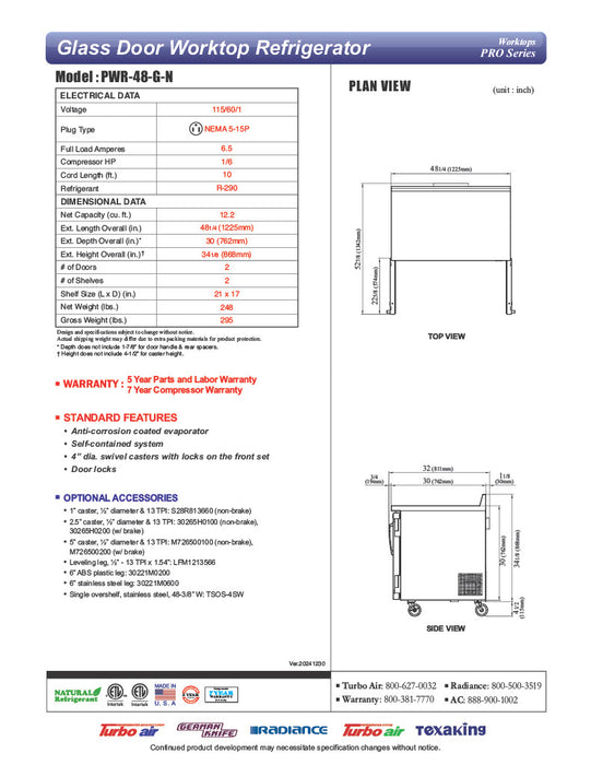 Turbo Air PWR-48-G-N 48 1/4" Worktop Refrigerator w/ 2 Sections, 2 Glass Doors - Donut-Equipment.com