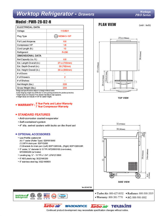 Turbo Air PWR-28-D2-N 27 1/2" Worktop Refrigerator w/ 1 Section, 2 Drawers - Donut-Equipment.com
