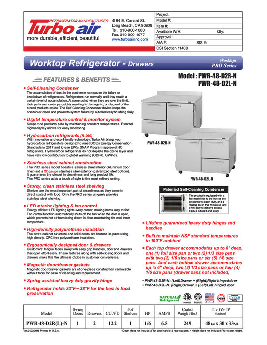 Turbo Air PWR-48-D2R-N 48 1/4" Worktop Refrigerator w/ (2) Sections, 2 Drawers & 1 Solid Door - Donut-Equipment.com