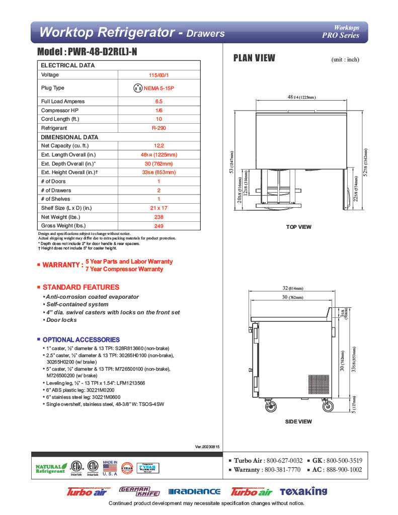 Turbo Air PWR-48-D2R-N 48 1/4" Worktop Refrigerator w/ (2) Sections, 2 Drawers & 1 Solid Door - Donut-Equipment.com