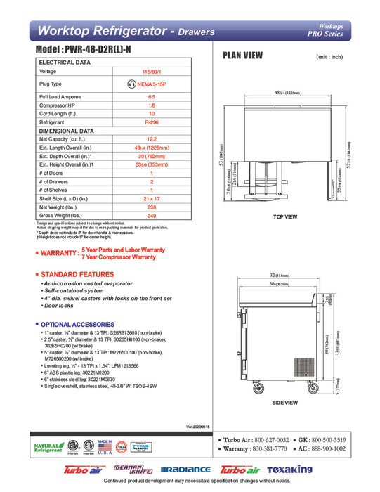 Turbo Air PWR-48-D2R-N 48 1/4" Worktop Refrigerator w/ (2) Sections, 2 Drawers & 1 Solid Door - Donut-Equipment.com
