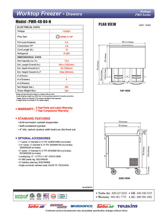 Turbo Air PWR-48-D4-N 48 1/4" Worktop Refrigerator w/ 2 Sections, 4 Drawers - Donut-Equipment.com