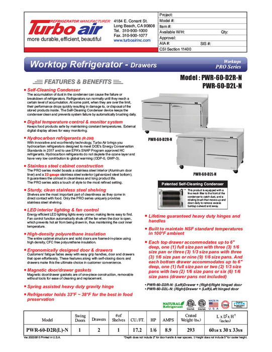 Turbo Air PWR-60-D2R-N 60 1/4" Worktop Refrigerator w/ 2 Sections, 2 Drawers & 1 Solid Door - Donut-Equipment.com