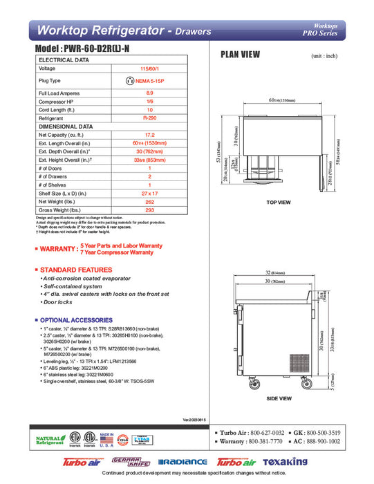 Turbo Air PWR-60-D2R-N 60 1/4" Worktop Refrigerator w/ 2 Sections, 2 Drawers & 1 Solid Door - Donut-Equipment.com