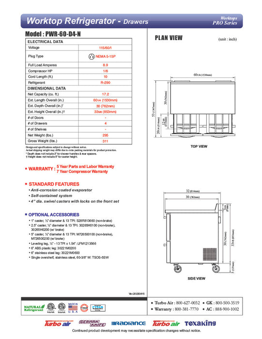 Turbo Air PWR-60-D4-N 60 1/4" Worktop Refrigerator w/ 2 Sections, 4 Drawers - Donut-Equipment.com