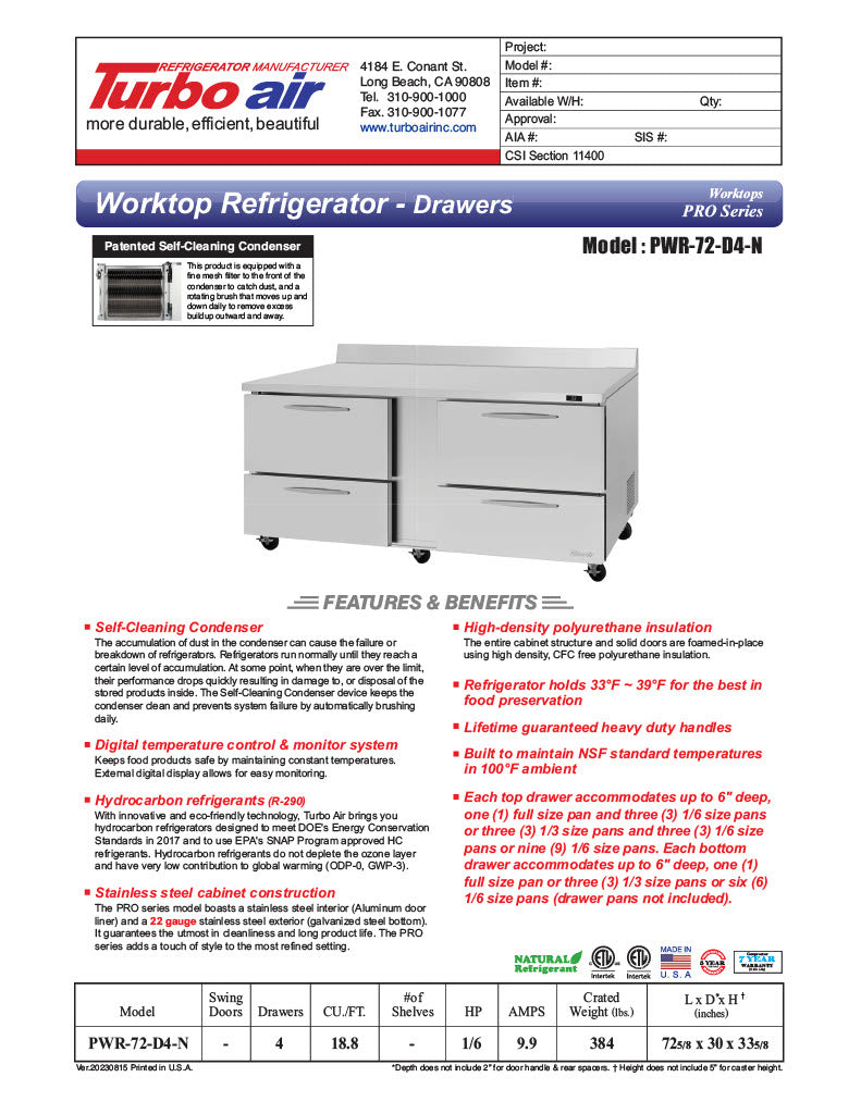 Turbo Air PWR-72-D4-N 72 1/4" Worktop Refrigerator w/ 2 Sections, 4 Drawers - Donut-Equipment.com