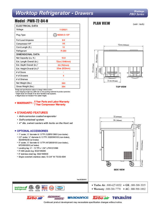 Turbo Air PWR-72-D4-N 72 1/4" Worktop Refrigerator w/ 2 Sections, 4 Drawers - Donut-Equipment.com