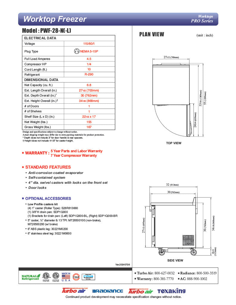 Turbo Air PWF-28-N 27 1/2" Worktop Freezer w/ 1 Section, 1 Solid Door - Donut-Equipment.com