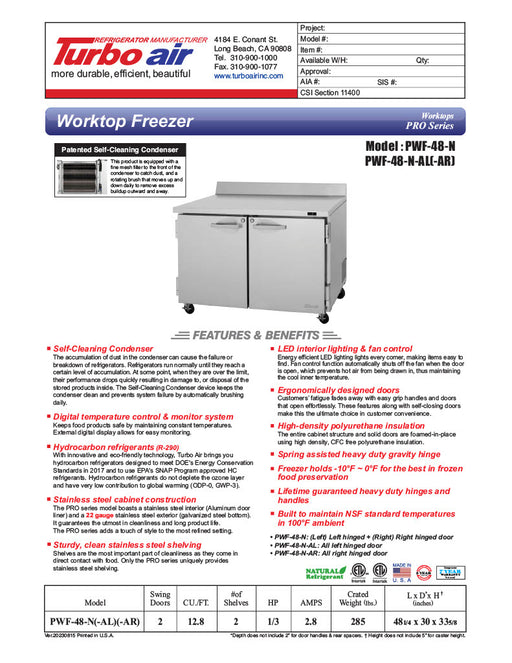 Turbo Air PWF-48-N 48 1/4" Worktop Freezer w/ 2 Sections, 2 Solid Doors - Donut-Equipment.com