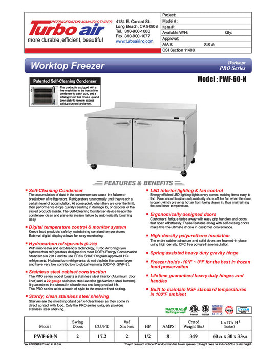 Turbo Air PWF-60-N 60 1/4" Worktop Freezer w/ (2) Sections, 2 Solid Doors - Donut-Equipment.com