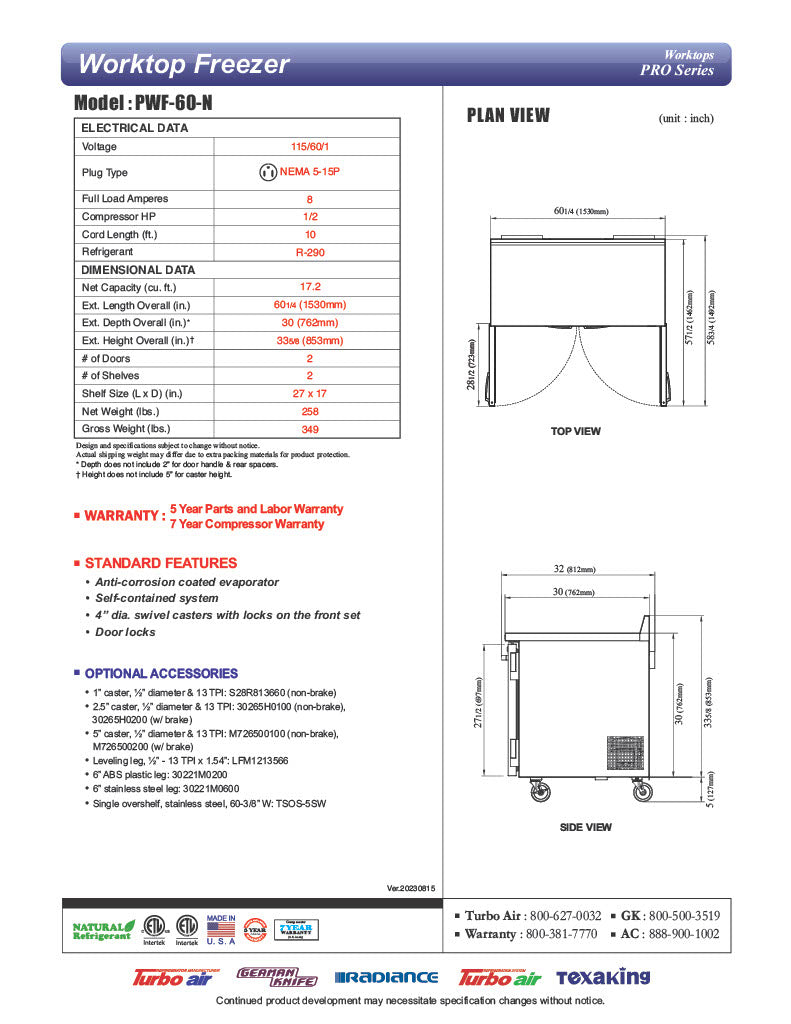 Turbo Air PWF-60-N 60 1/4" Worktop Freezer w/ (2) Sections, 2 Solid Doors - Donut-Equipment.com