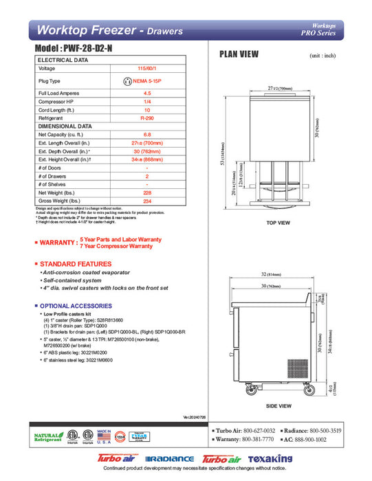 Turbo Air PWF-28-D2-N 27 1/2" Worktop Freezer w/ 1 Section, 2 Drawers - Donut-Equipment.com