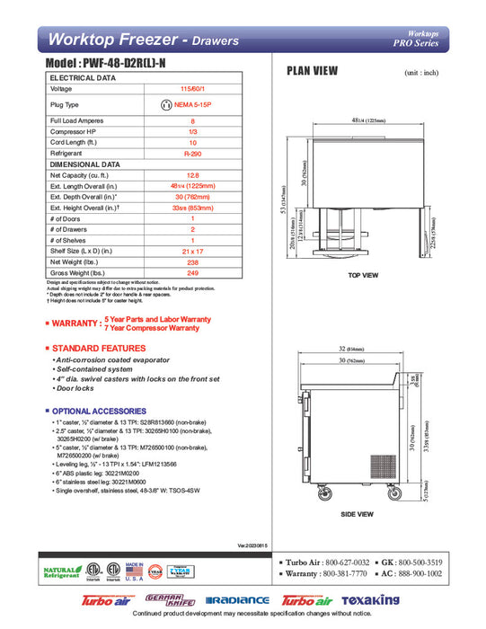 Turbo Air PWF-48-D2R-N 48 1/4" Worktop Freezer w/ 2 Sections, 2 Drawers & 1 Solid Door - Donut-Equipment.com