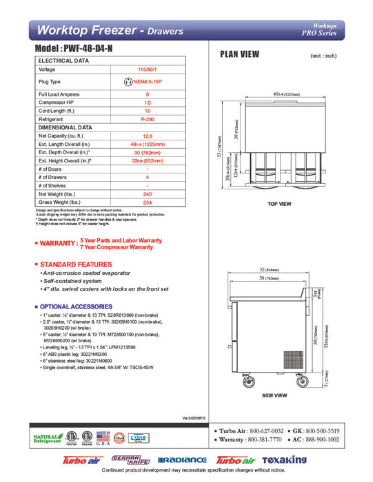 Turbo Air PWF-48-D4-N 48 1/4" Worktop Freezer w/ 2 Sections, 4 Drawers - Donut-Equipment.com