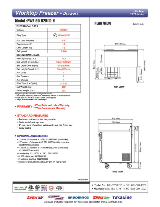 Turbo Air PWF-60-D2R-N 60 1/4" Worktop Freezer w/ 2 Sections, 2 Drawers & 1 Solid Door - Donut-Equipment.com