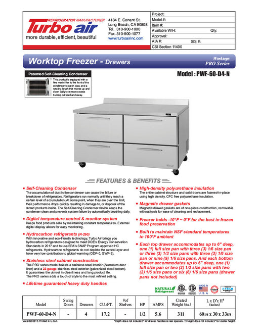 Turbo Air PWF-60-D4-N 60 1/4" Worktop Freezer w/ 2 Sections, 4 Drawers - Donut-Equipment.com
