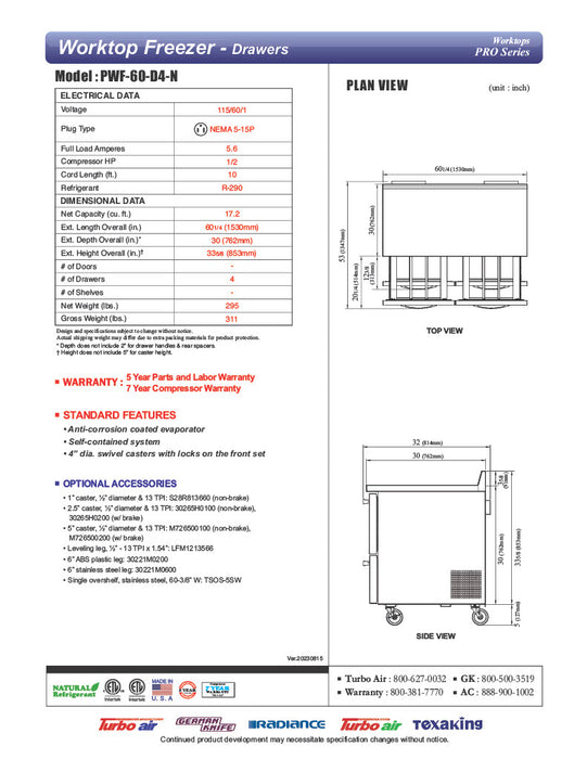 Turbo Air PWF-60-D4-N 60 1/4" Worktop Freezer w/ 2 Sections, 4 Drawers - Donut-Equipment.com
