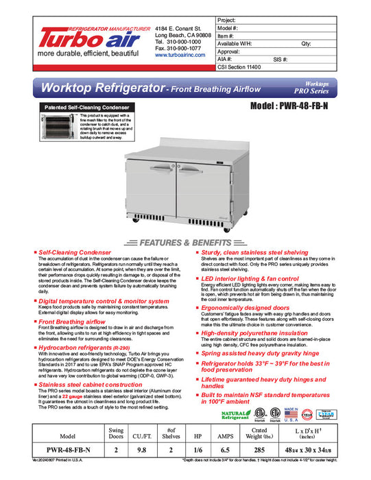 Turbo Air PWR-48-FB-N 48 1/4" Worktop Refrigerator w/ (2) Sections, 2 Solid Doors, Front Breathing - Donut-Equipment.com