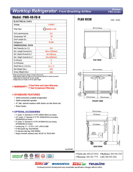 Turbo Air PWR-48-FB-N 48 1/4" Worktop Refrigerator w/ (2) Sections, 2 Solid Doors, Front Breathing - Donut-Equipment.com