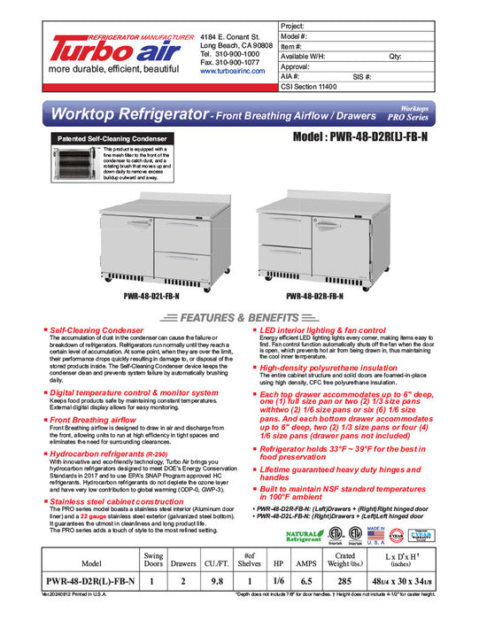 Turbo Air PWR-48-D2R(L)-FB-N 48 1/4" Worktop Refrigerator w/ (2) Sections, 2 Drawers & 1 Solid Door, Front Breathing - Donut-Equipment.com