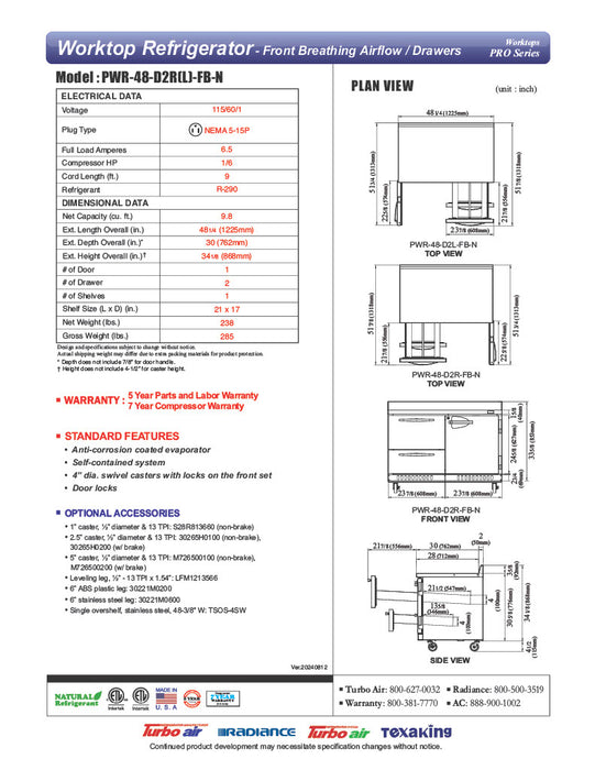Turbo Air PWR-48-D2R(L)-FB-N 48 1/4" Worktop Refrigerator w/ (2) Sections, 2 Drawers & 1 Solid Door, Front Breathing - Donut-Equipment.com