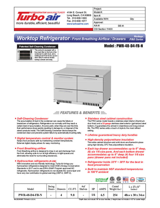 Turbo Air PWR-48-D4-FB-N 48 1/4" Worktop Refrigerator w/ (2) Sections, 4 Drawers, Front Breathing - Donut-Equipment.com